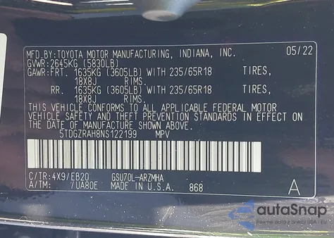 2022 Toyota Highlander Xle из США, поврежденный, VIN 5TDGZRAH8NS122199